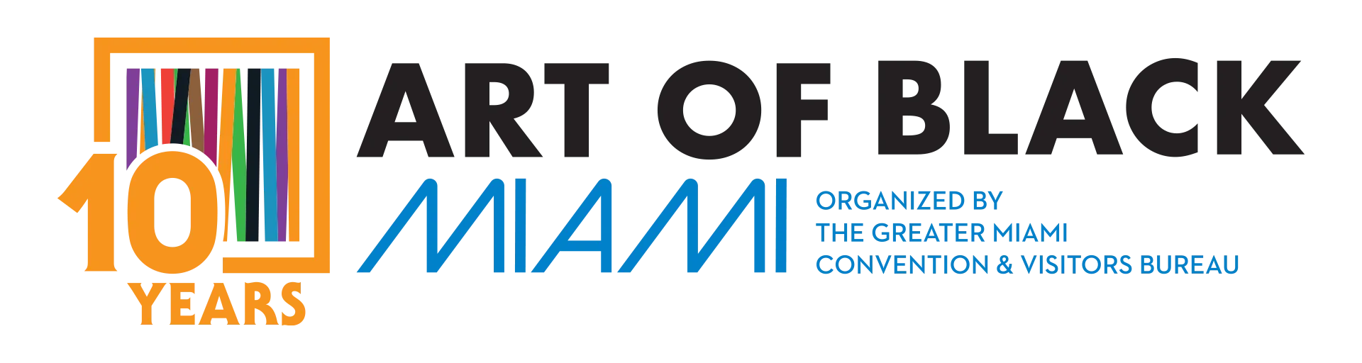 Logo reading 10 years Art of Black Miami organized by Greater Miami Convention & Visitors Bureau.